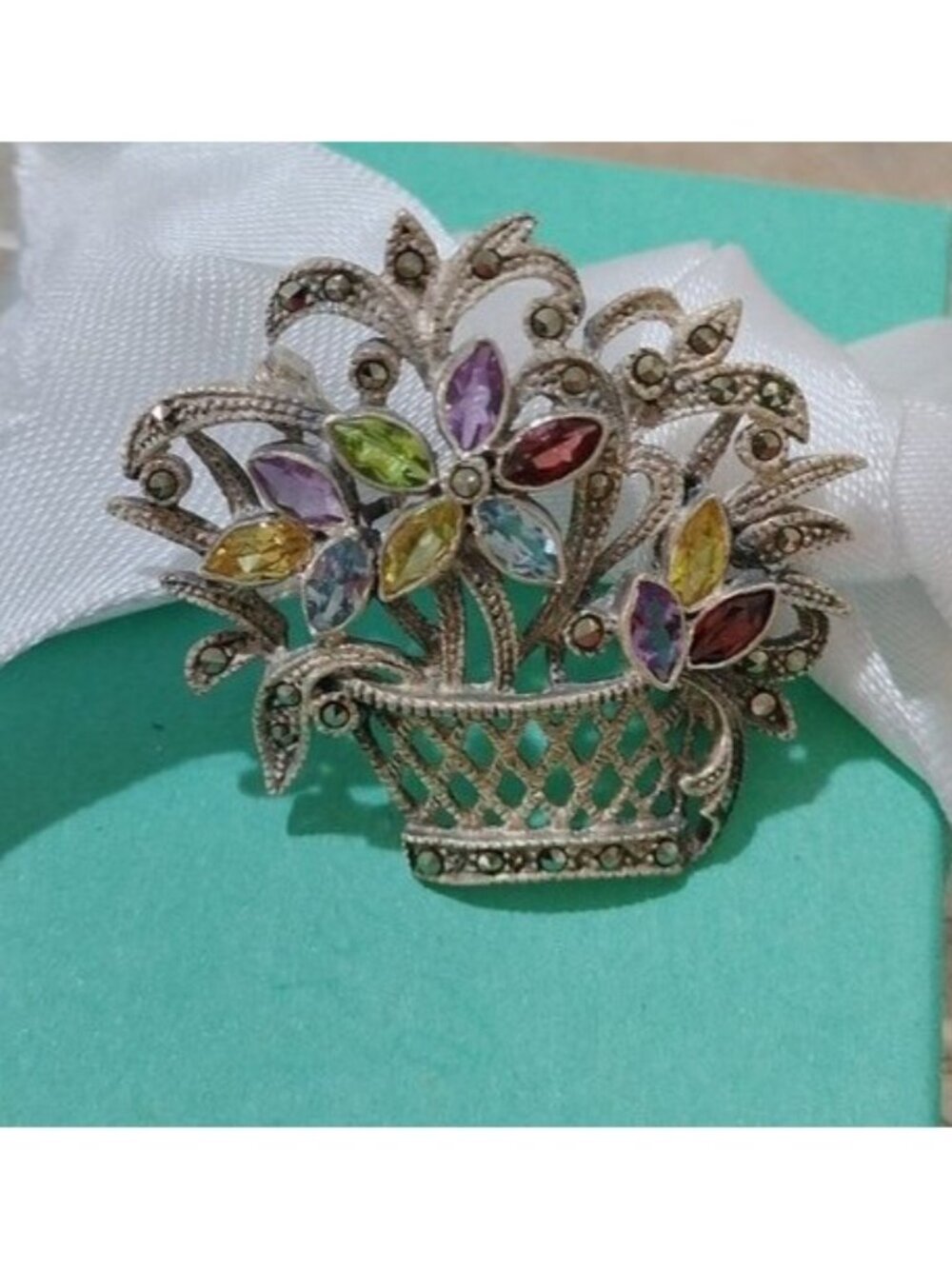Sterling Silver & Amethyst, Peridot, Citrine, Topaz, Garnet Flower Basket Brooch